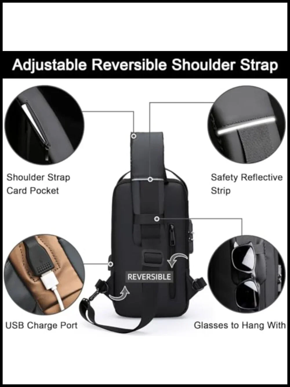 Men's Anti-Theft Sling Bag USB Charging Waterproof PU Leather Crossbody Backpack